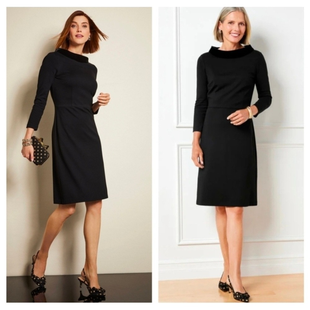 Talbots Plus Petite Black Velvet Trim Portrait Neck Sheath Dress 18WP - Picture 2 of 7